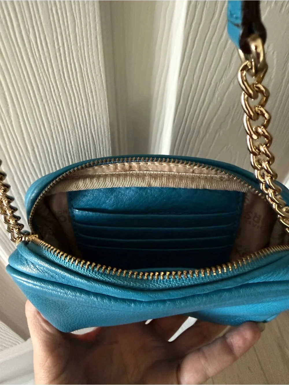 Michael Kors Blue Leather Crossbody with Gold-Tone Chain